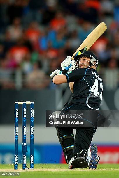 Brendon McCullum of New Zealand ramps the ball over his head during the first T20 between New Zealand and the West Indies at Eden Park on January 11,...