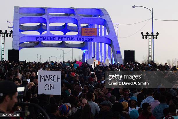 View of marchers as they assemble on the Edmund Pettus Bridge to commemorate the life of Dr. Martin Luther King, Jr. On January 18, 2015 in Selma,...