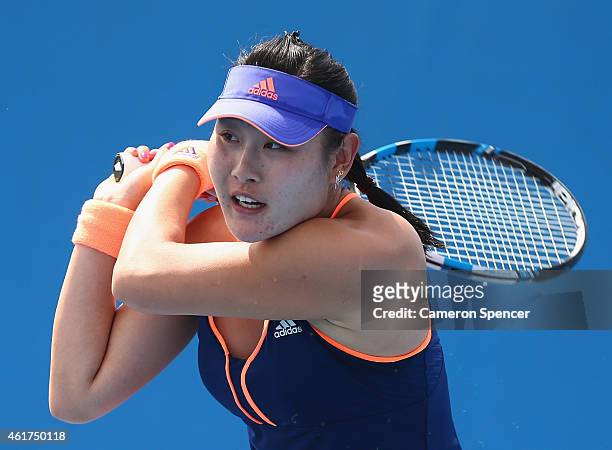 Ying-Ying Duan of China plays a backhand in her first round match against Bethanie Mattek-Sands of the United States during day one of the 2015...