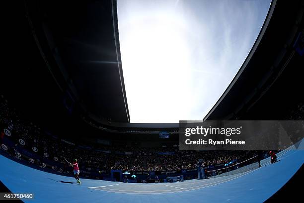 Rafael Nadal of Spain plays a backhand in his first round match against Mikhail Youzhny of Russia during day one of the 2015 Australian Open at...