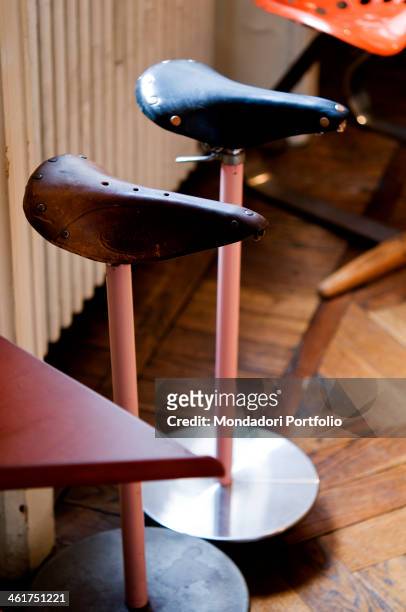 Achille Castiglioni Studio Museum interiors. Detail of the ready-made stool Sella designed by Achille Castigloni and Pier Giacomo Castiglioni. Milan,...