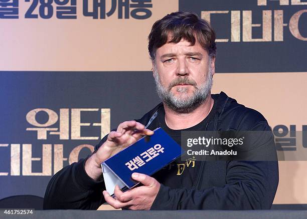 Actor and director Russell Crowe attends a press conference to promote his new movie "The Water Diviner" at Ritz-Carlton Hotel in Seoul, South Korea...