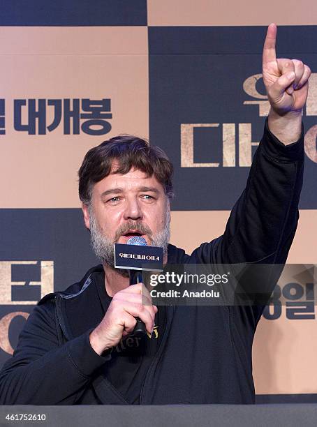 Actor and director Russell Crowe attends a press conference to promote his new movie "The Water Diviner" at Ritz-Carlton Hotel in Seoul, South Korea...