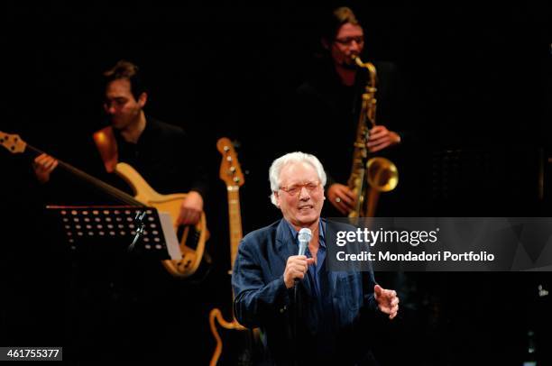 Italian singer-songwriter, actor and stand-up comedian Enzo Jannacci singing onstage the Condominio Theatre in Gallarate during the show The Best...