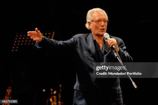 Italian singer-songwriter, actor and stand-up comedian Enzo Jannacci performs onstage at Condominio Theatre in Gallarate during the show The Best...