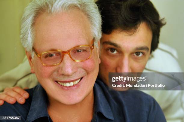 Enzo Jannacci poses at a photo shoot with his son Paolo, Gallarate , Italy, 2007; the picture is taken during the show The Best Tour 2007 at...