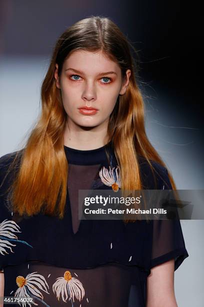 Model walks the runway at the Charlotte Ronson show during the Mercedes-Benz Fashion Week Berlin Autumn/Winter 2015/16 at Brandenburg Gate on January...