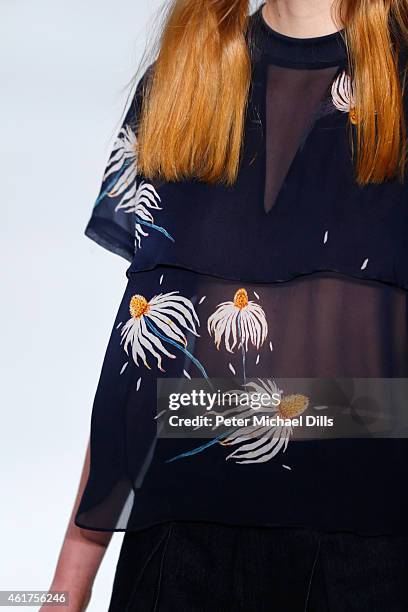 Model walks the runway at the Charlotte Ronson show during the Mercedes-Benz Fashion Week Berlin Autumn/Winter 2015/16 at Brandenburg Gate on January...