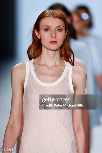 Models walk the runway at the Charlotte Ronson show during the Mercedes-Benz Fashion Week Berlin Autumn/Winter 2015/16 at Brandenburg Gate on January...