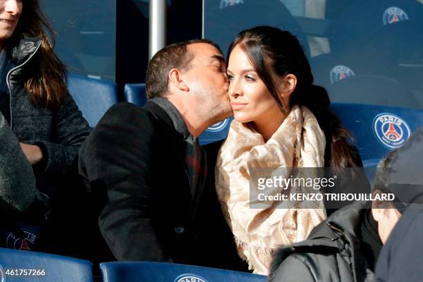 French Bussinesman Arnaud Lagardere and his wife, Belgian model Jade Foret arrive to attend the French L1 football match Paris Saint-Germain vs Evian...
