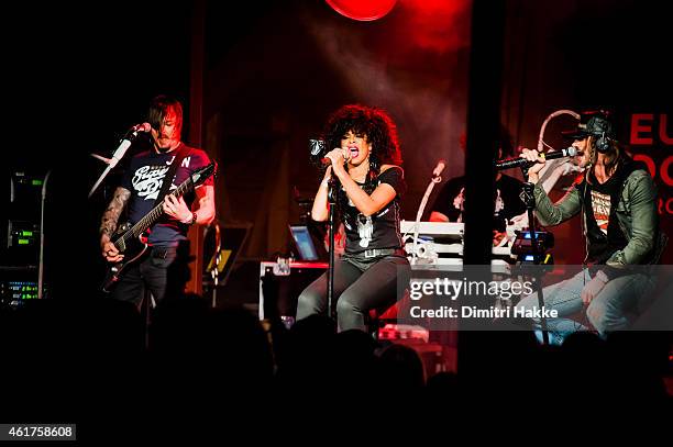 Samaha Sam and Frah of Shaka Ponk perform on stage at Eurosonic Festival at Jack Daniel's Barnon January 15, 2015 in Groningen, Netherlands.