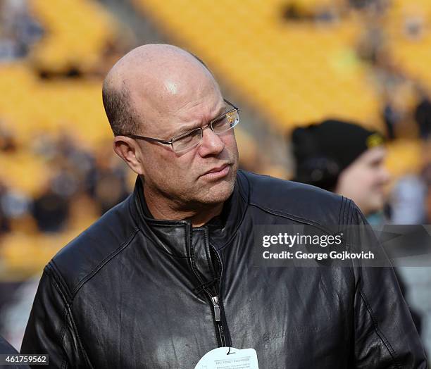 David Tepper, president of Appaloosa Management and a minority owner of the Pittsburgh Steelers, looks on from the sideline before a game between the...