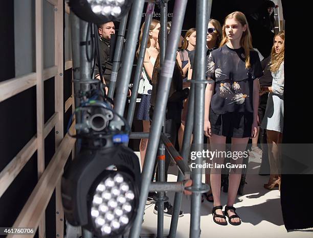 Models are seen backstage ahead of the Charlotte Ronson show during the Mercedes-Benz Fashion Week Berlin Autumn/Winter 2015/16 at Brandenburg Gate...