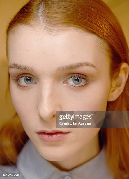 Model is seen backstage ahead of the Charlotte Ronson show during the Mercedes-Benz Fashion Week Berlin Autumn/Winter 2015/16 at Brandenburg Gate on...