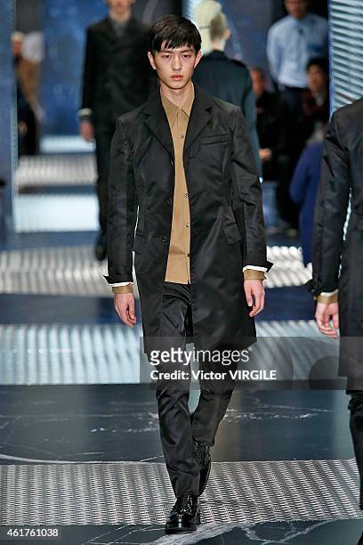 Model walks the runway at the Prada Autumn Winter 2015 fashion show during Milan Menswear Fashion Week on January 18, 2015 in Milan, Italy.