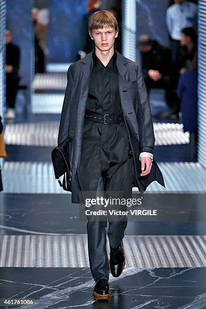 Model walks the runway at the Prada Autumn Winter 2015 fashion show during Milan Menswear Fashion Week on January 18, 2015 in Milan, Italy.