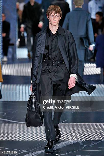 Model walks the runway at the Prada Autumn Winter 2015 fashion show during Milan Menswear Fashion Week on January 18, 2015 in Milan, Italy.