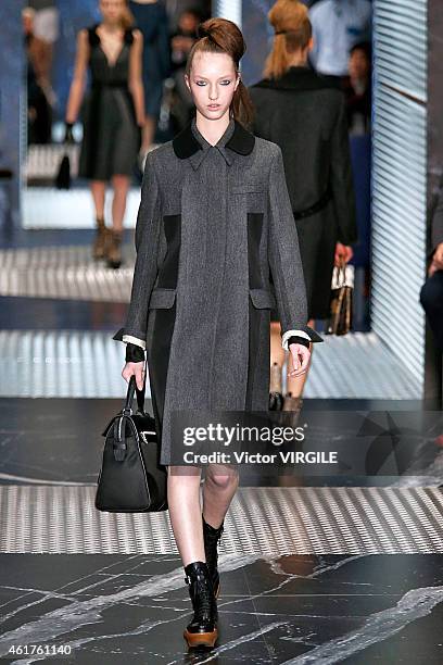 Model walks the runway at the Prada Autumn Winter 2015 fashion show during Milan Menswear Fashion Week on January 18, 2015 in Milan, Italy.