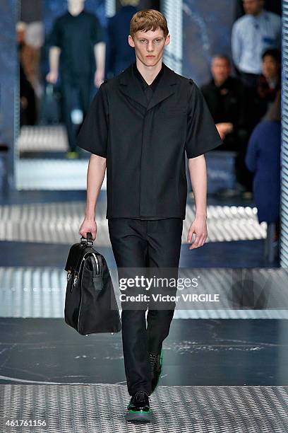 Model walks the runway at the Prada Autumn Winter 2015 fashion show during Milan Menswear Fashion Week on January 18, 2015 in Milan, Italy.