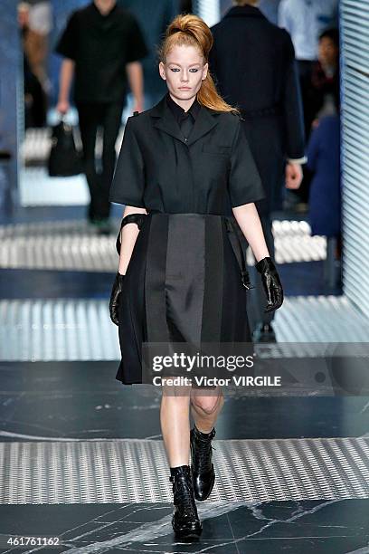 Model walks the runway at the Prada Autumn Winter 2015 fashion show during Milan Menswear Fashion Week on January 18, 2015 in Milan, Italy.