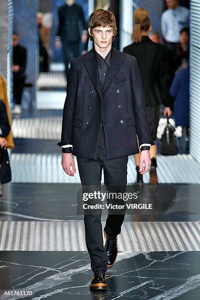 Model walks the runway at the Prada Autumn Winter 2015 fashion show during Milan Menswear Fashion Week on January 18, 2015 in Milan, Italy.