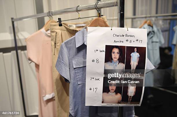 Sheet showing the name of a model named Annika is seen backstage ahead of the Charlotte Ronson show during the Mercedes-Benz Fashion Week Berlin...