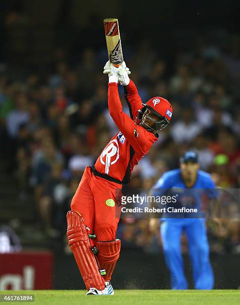 Shakib Al Hasan of the Melbourne Renegades hits out during the Big Bash League match between the Melbourne Renegades and the Adelaide Strikers at...