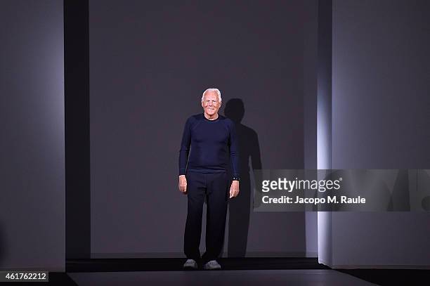 Designer Giorgio Armani after his show Emporio Armani as a part of Milan Menswear Fashion Week Fall Winter 2015/2016 on January 19, 2015 in Milan,...