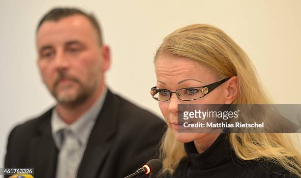 Spokeswoman Kathrin Oertel and PEGIDA organizer Lutz Bachmann, speakers of Pegida, inform the media during a press conference on January 19, 2015 in...
