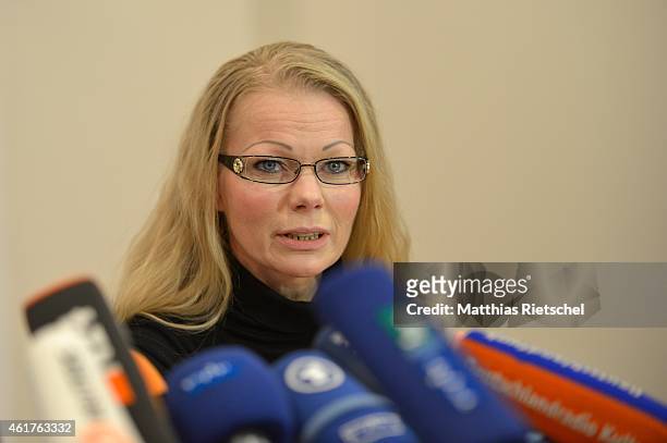 Spokeswoman Kathrin Oertel informs the media during a press conference on January 19, 2015 in Dresden, Germany. Pegida is an acronym for...