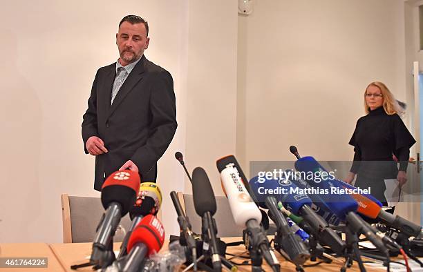 Spokeswoman Kathrin Oertel and PEGIDA organizer Lutz Bachmann arrive to a press conference on January 19, 2015 in Dresden, Germany. Pegida is an...