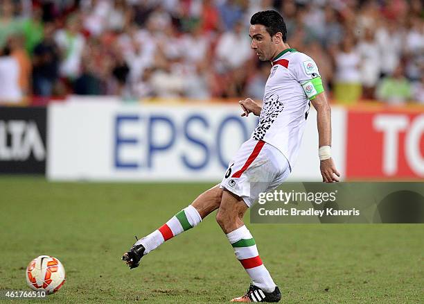 Javad Nekounam of Iran passes the ball during the 2015 Asian Cup match between IR Iran and the UAE at Suncorp Stadium on January 19, 2015 in...