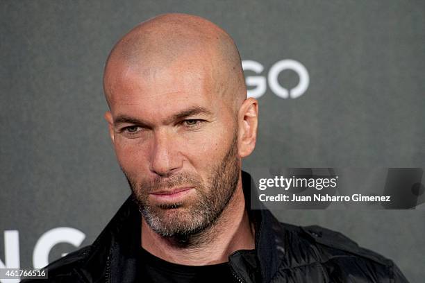 Football legend Zinedine Zidane is presented as the new face of Mango Man's spring-summer 2015 campaign at Camera Studio on January 19, 2015 in...