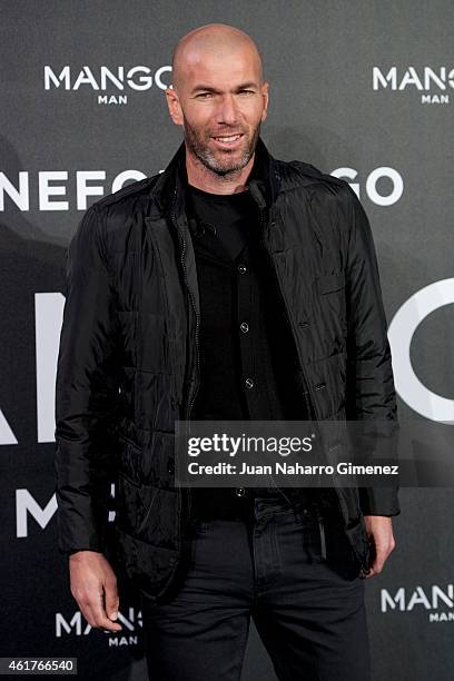 Football legend Zinedine Zidane is presented as the new face of Mango Man's spring-summer 2015 campaign at Camera Studio on January 19, 2015 in...