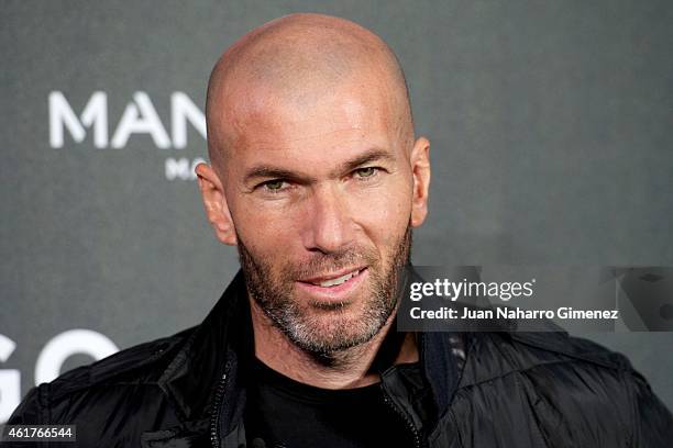 Football legend Zinedine Zidane is presented as the new face of Mango Man's spring-summer 2015 campaign at Camera Studio on January 19, 2015 in...