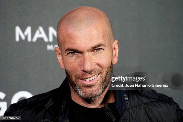 Football legend Zinedine Zidane is presented as the new face of Mango Man's spring-summer 2015 campaign at Camera Studio on January 19, 2015 in...
