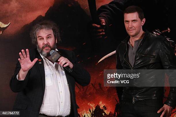 Director Peter Jackson and actor Richard Armitage attend new film "The Hobbit: The Battle of the Five Armies" press conference on January 19, 2015 in...