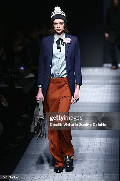 Model walks the runway during the Gucci Show as part of Milan Menswear Fashion Week Fall Winter 2015/2016 on January 19, 2015 in Milan, Italy.