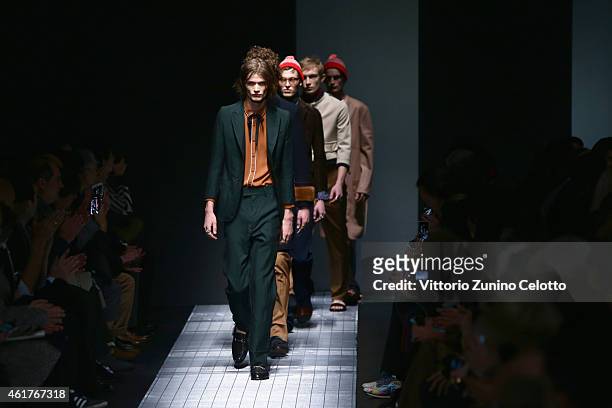 Models walk the runway during the Gucci Show as part of Milan Menswear Fashion Week Fall Winter 2015/2016 on January 19, 2015 in Milan, Italy.