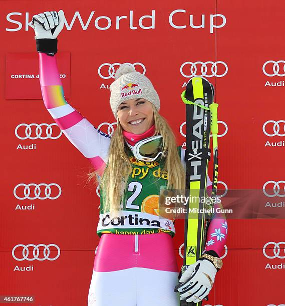 Lindsey Vonn of The United States on the podium for the FIS Alpine Ski World Cup Women's Super G on January 19, 2015 in Cortina d'Ampezzo, Italy.