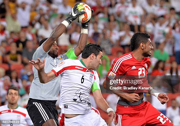 Goalkeeper Majed Naser of the United Arab Emirates saves a goal during the 2015 Asian Cup match between IR Iran and the UAE at Suncorp Stadium on...