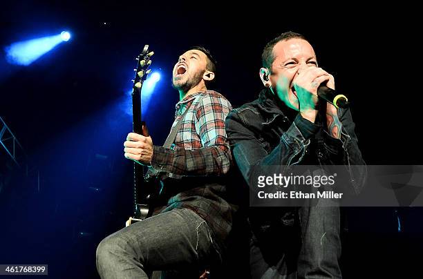 Singer/guitarist Mike Shinoda and singer Chester Bennington of Linkin Park perform at The Joint inside the Hard Rock Hotel & Casino on January 10,...