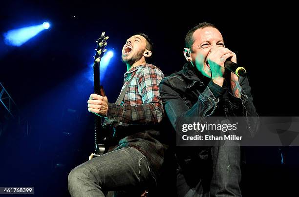 Singer/guitarist Mike Shinoda and singer Chester Bennington of Linkin Park perform at The Joint inside the Hard Rock Hotel & Casino on January 10,...