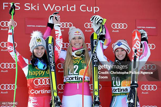 Lindsey Vonn of the USA takes 1st place,Anna Fenninger of Austria take 2nd place ,Tina Weirather of Liechtenstein during the Audi FIS Alpine Ski...