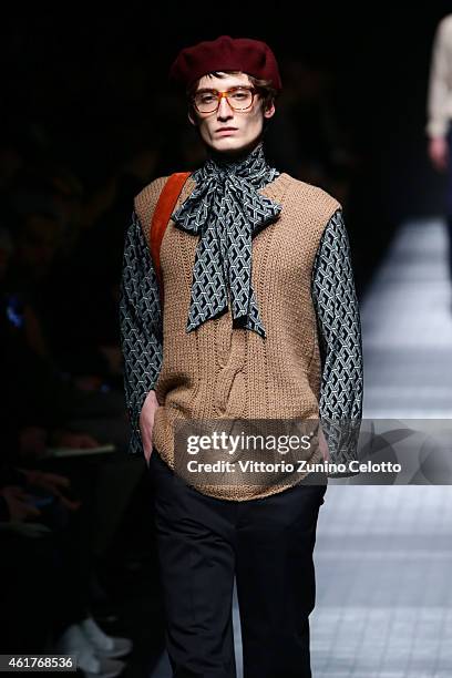 A model walks the runway during the Gucci Show as part of Milan Menswear Fashion Week Fall Winter 2015/2016 on January 19, 2015 in Milan, Italy.