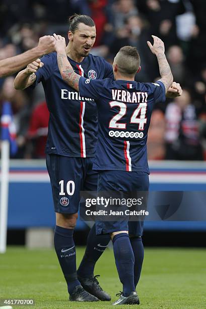 Marco Verratti of PSG celebrates his goal with Zlatan Ibrahimovic of PSG during the French Ligue 1 match between Paris Saint-Germain FC and Evian...