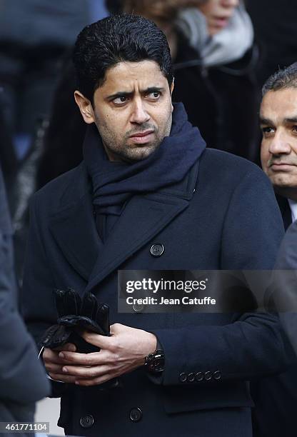 President of PSG Nasser Al-Khelaifi attends the French Ligue 1 match between Paris Saint-Germain FC and Evian Thonon Gaillard FC at Parc des Princes...