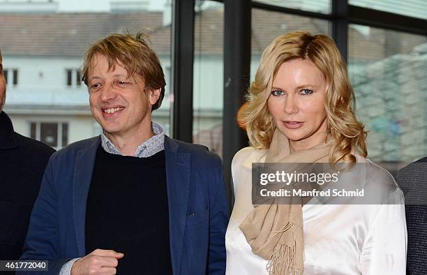 Director Michael Sturminger and actor Veronica Ferres pose for a photograph during the 'Casanova Variations' press conference at Ronacher Theater on...