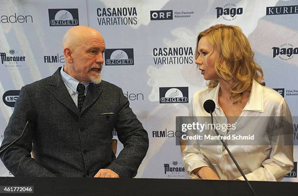 Actors John Malkovich and Veronica Ferres attend the 'Casanova Variations' press conference at Ronacher Theater on January 19, 2015 in Vienna,...