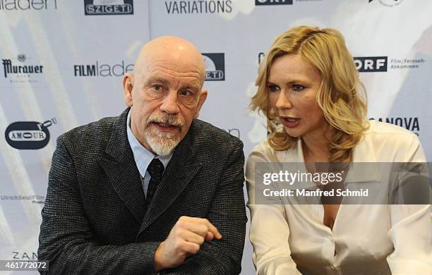 Actors John Malkovich and Veronica Ferres attend the 'Casanova Variations' press conference at Ronacher Theater on January 19, 2015 in Vienna,...